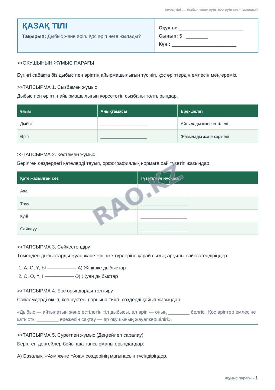 Жұмыс парағы Қазақ тілі 5-сынып 1-тоқсан Дыбыс және әріп. Қос әріп неге жылады?