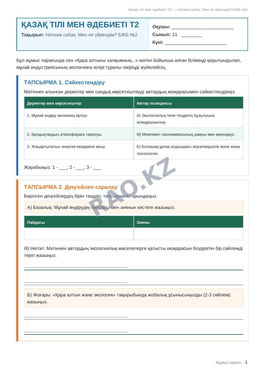 Жұмыс парағы Қазақ тілі мен әдебиеті Т2 11-сынып 1-тоқсан Нәтиже сабақ. Мен не үйрендім? БЖБ №2