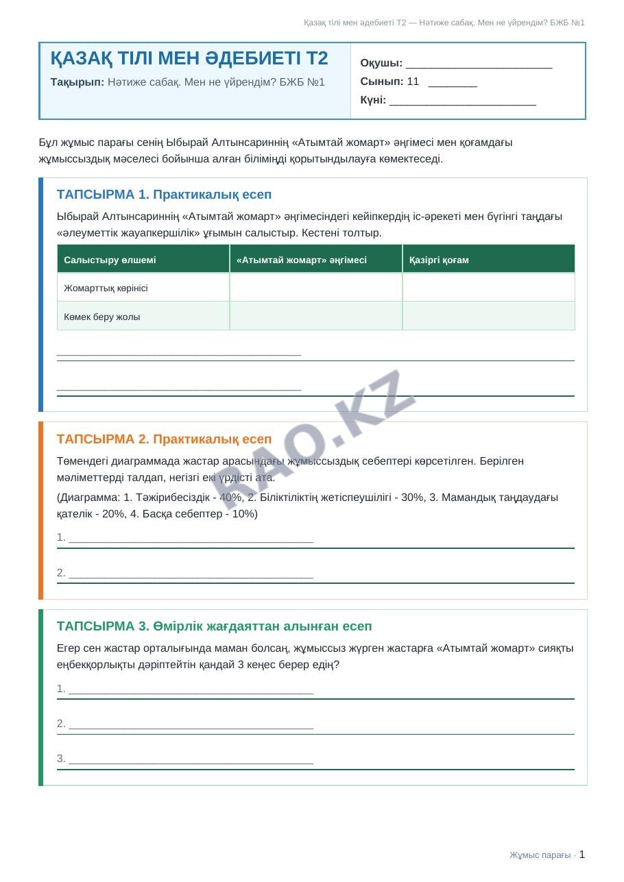 Жұмыс парағы Қазақ тілі мен әдебиеті Т2 11-сынып 2-тоқсан Нәтиже сабақ. Мен не үйрендім? БЖБ №1