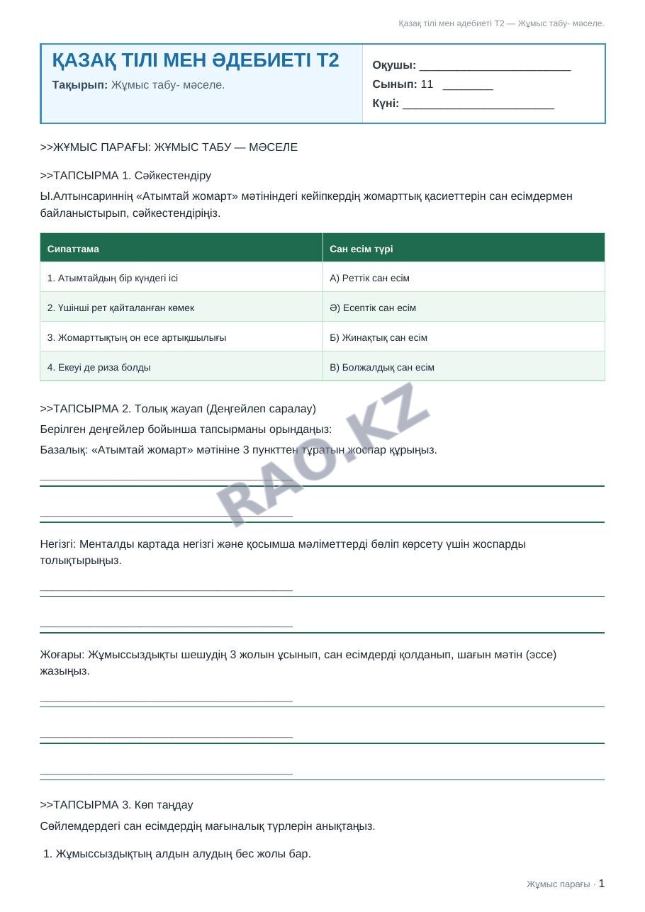Жұмыс парағы Қазақ тілі мен әдебиеті Т2 11-сынып 2-тоқсан Жұмыс табу- мәселе.