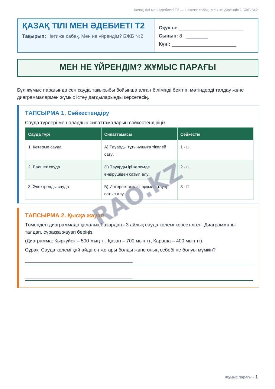 Жұмыс парағы Қазақ тілі мен әдебиеті Т2 8-сынып 1-тоқсан Нәтиже сабақ. Мен не үйрендім? БЖБ №2