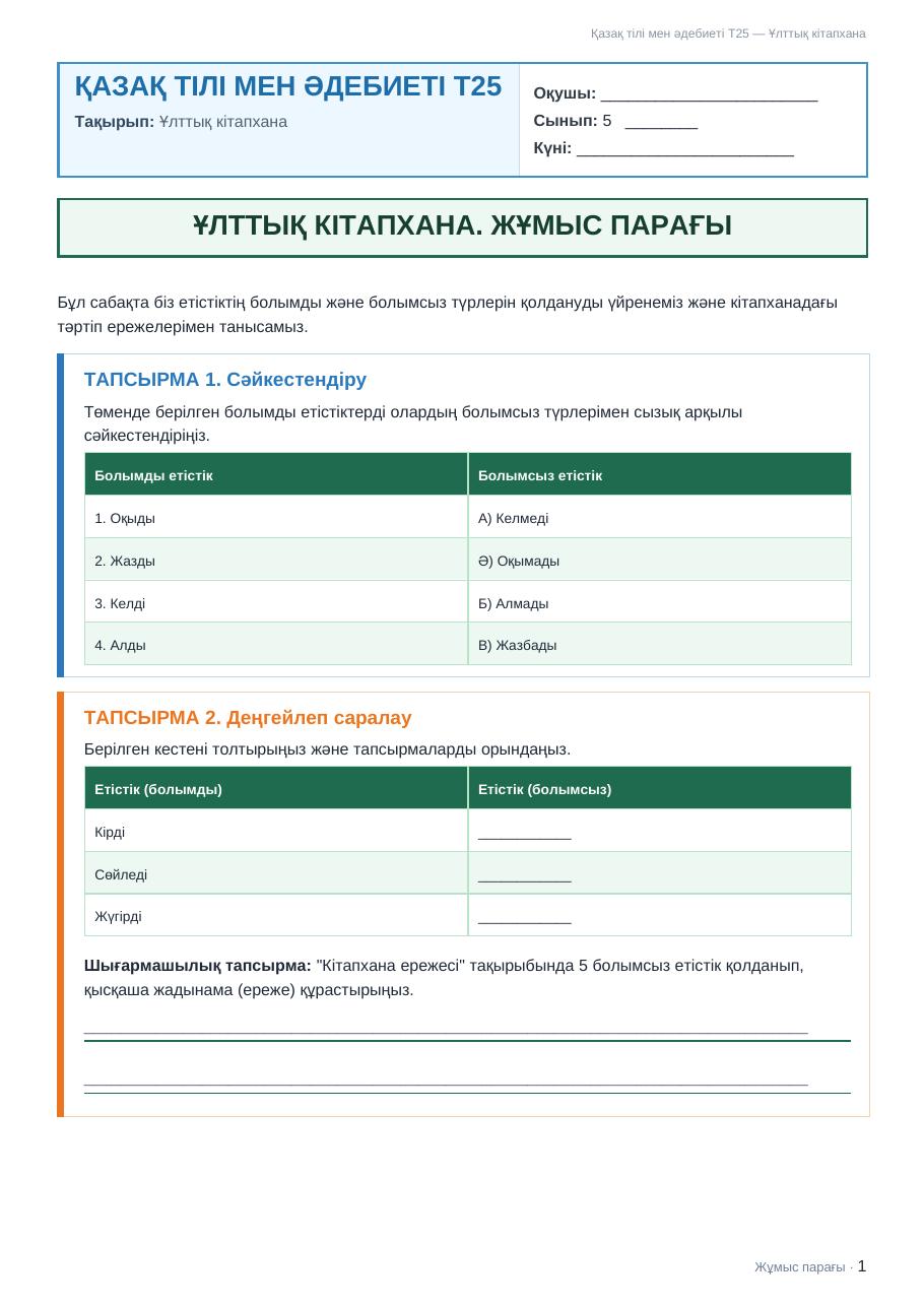 Жұмыс парағы Қазақ тілі мен әдебиеті Т25 5-сынып 2-тоқсан Ұлттық кітапхана