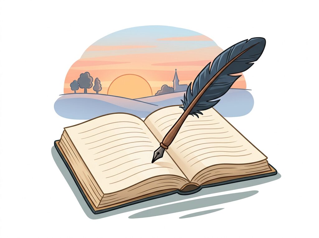 Старинное перо и раскрытая книга на фоне заката